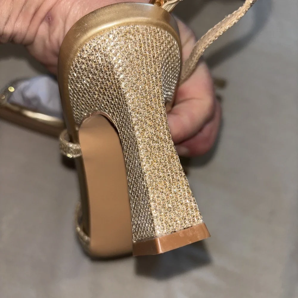 Gold Glitter Block Heel Strappy Sandals Open‎ Toe Ankle Strap  8.5 Formal